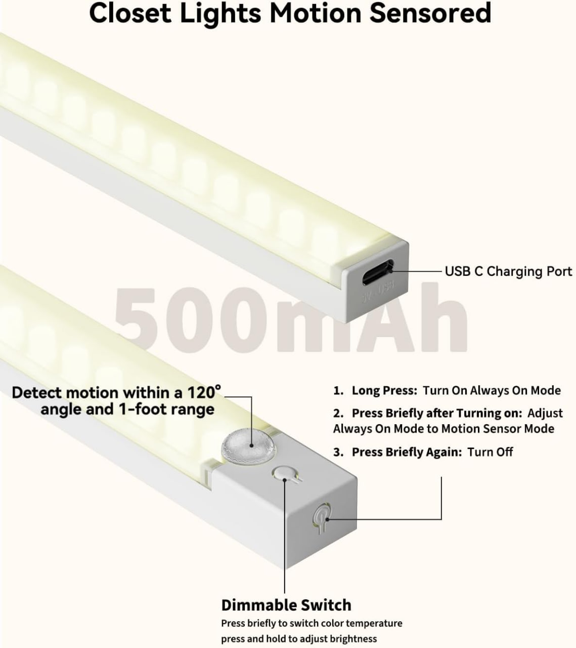 Set de 3 Luces LED USB Recargables con sensor de movimiento - Image 2