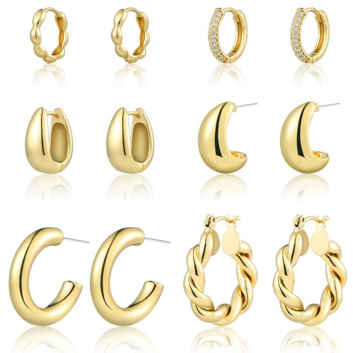 6 pares de aretes de oro para mujer, juego de pendientes de aro gruesos chapados en oro de 14 quilates, hipoalergénicos, ligeros, con aros abiertos retorcidos, ideales como regalo de Navidad o cumpleaños. - Image 1