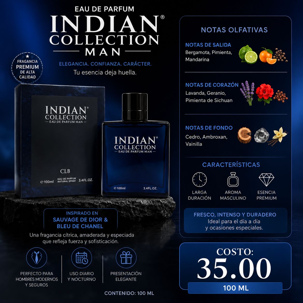 INDIAN COLLECTION | Perfume Hombre Tipo Sauvage Dior & Bleu Chanel 100ML - Image 1