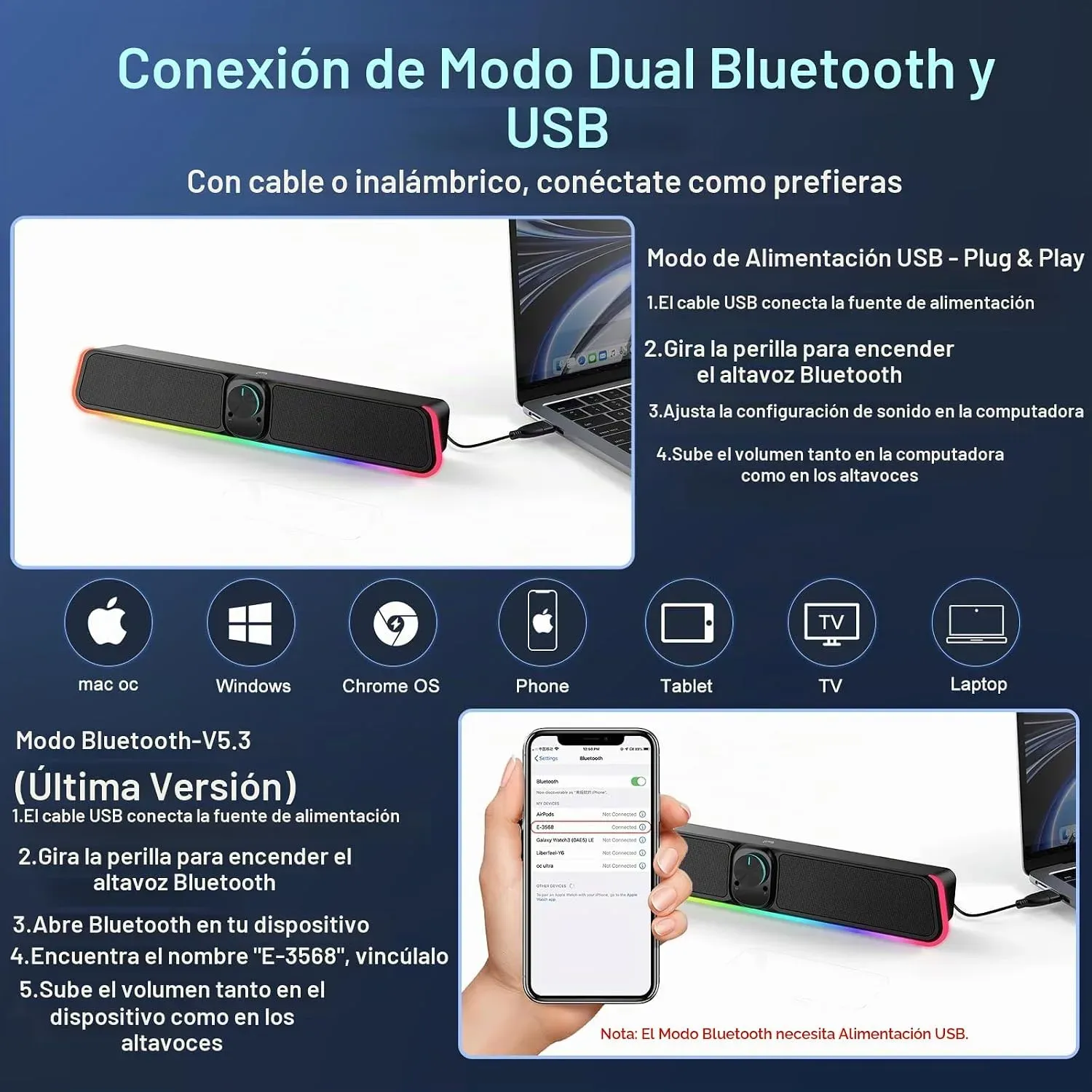 Barra de sonido de computadora Bluetooth con cable USB con RGB para Movil y PC - Image 7