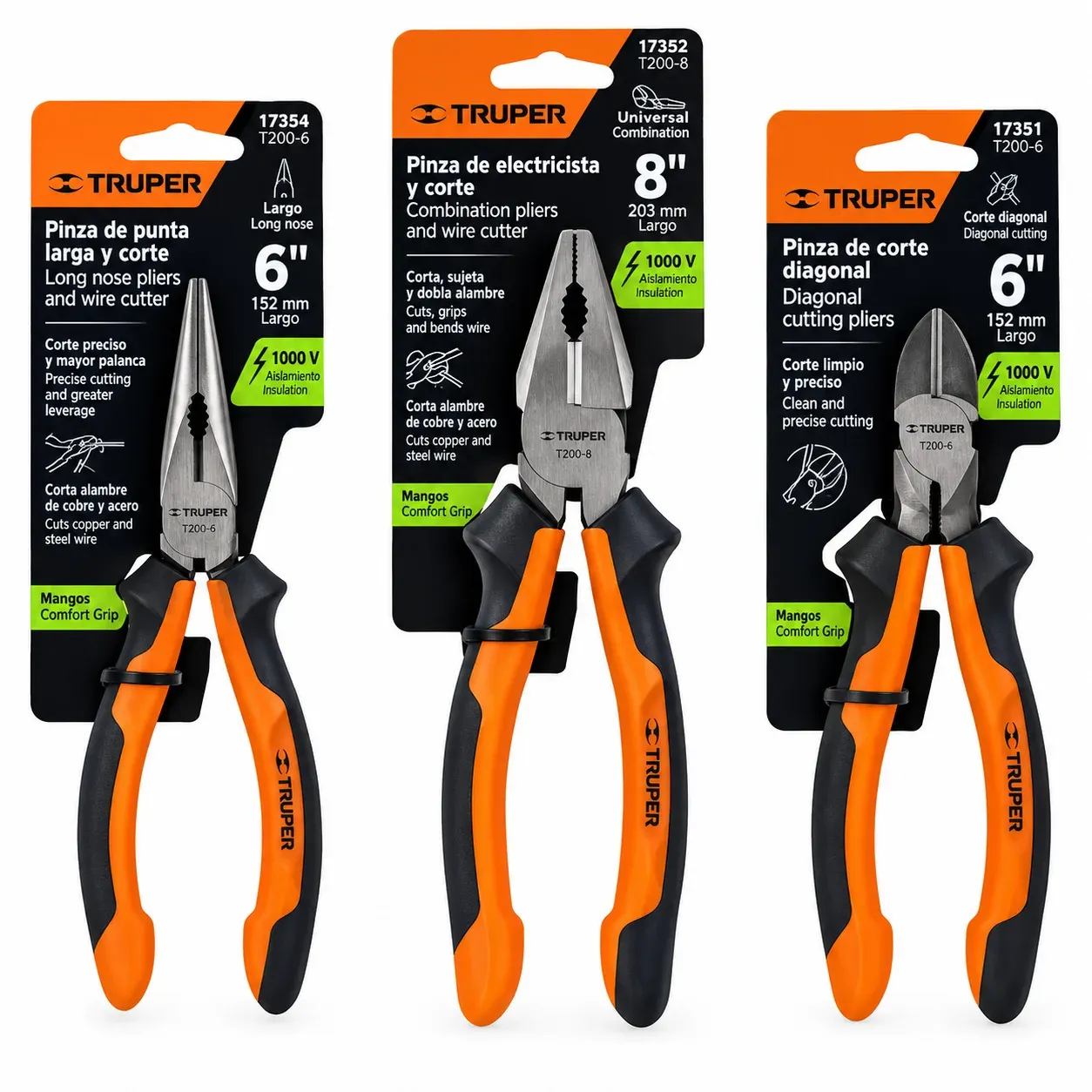 KIT ELECTRICISTA TRUPER: ALICATE UNIVERSAL+ALICATE DE CORTE DIAGONAL+ALICATE TIPO PINZA 1000V