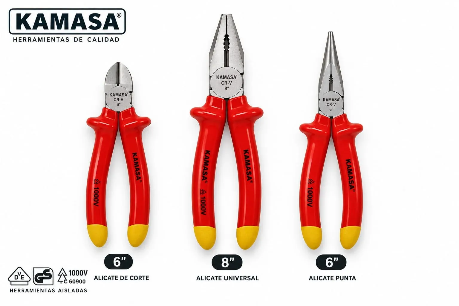KIT ELECTRICISTA KAMASA: ALICATE UNIVERSAL+ALICATE DE CORTE DIAGONAL+ALICATE TIPO PINZA 1000V