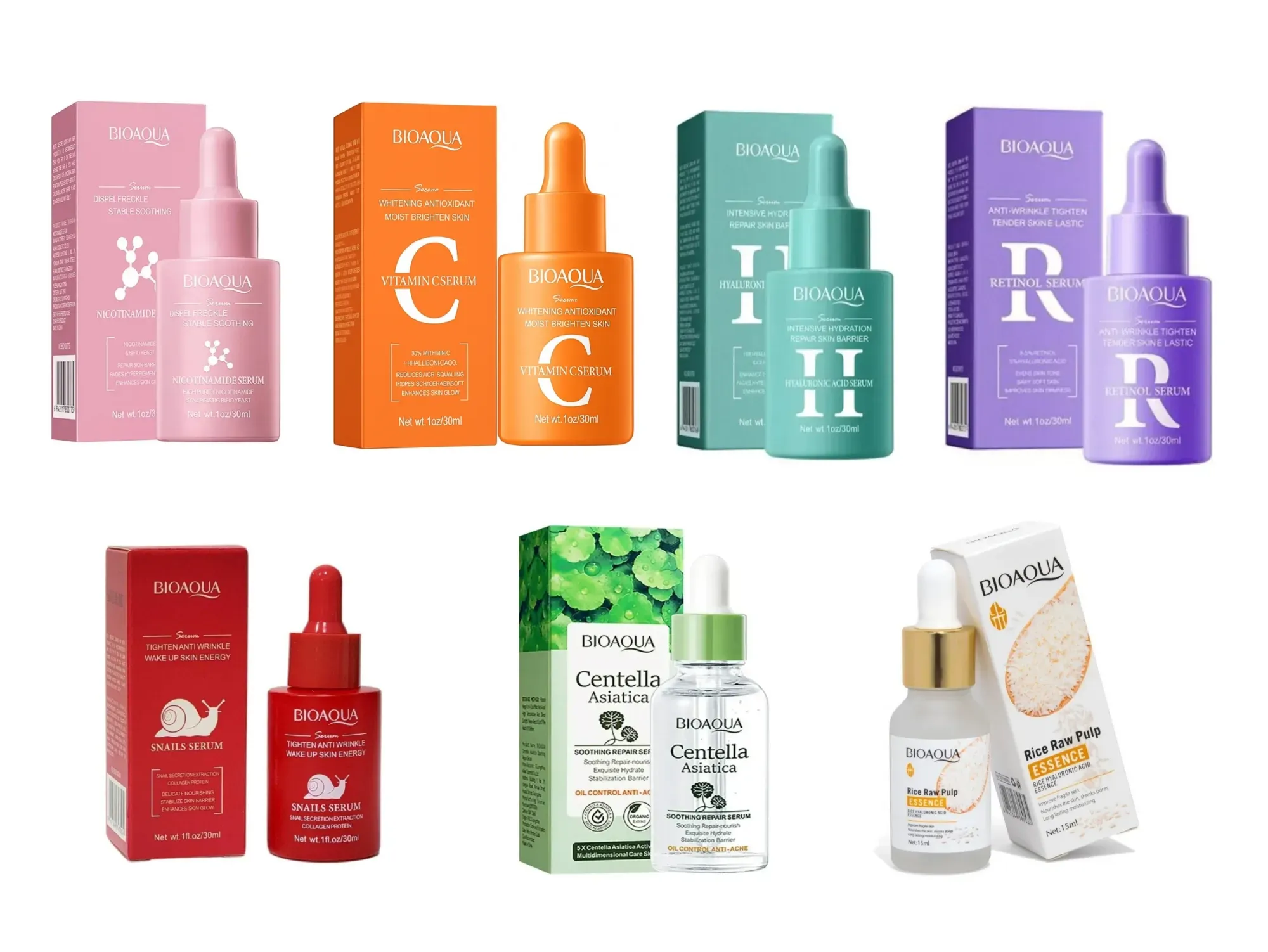 BIOAQUA SÉRUMS (ÁCIDO HIALURÓNICO/RETINOL/VITAMINA C/SNAIL COLLAGEN/NIACINAMIDA/CENTELLA ASIÁTICA/RICE RAW PULP) 
