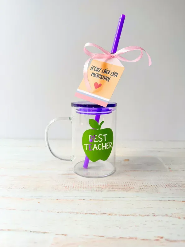 Taza de vidrio con tapa y sorbete - personalizada - imagen 1
