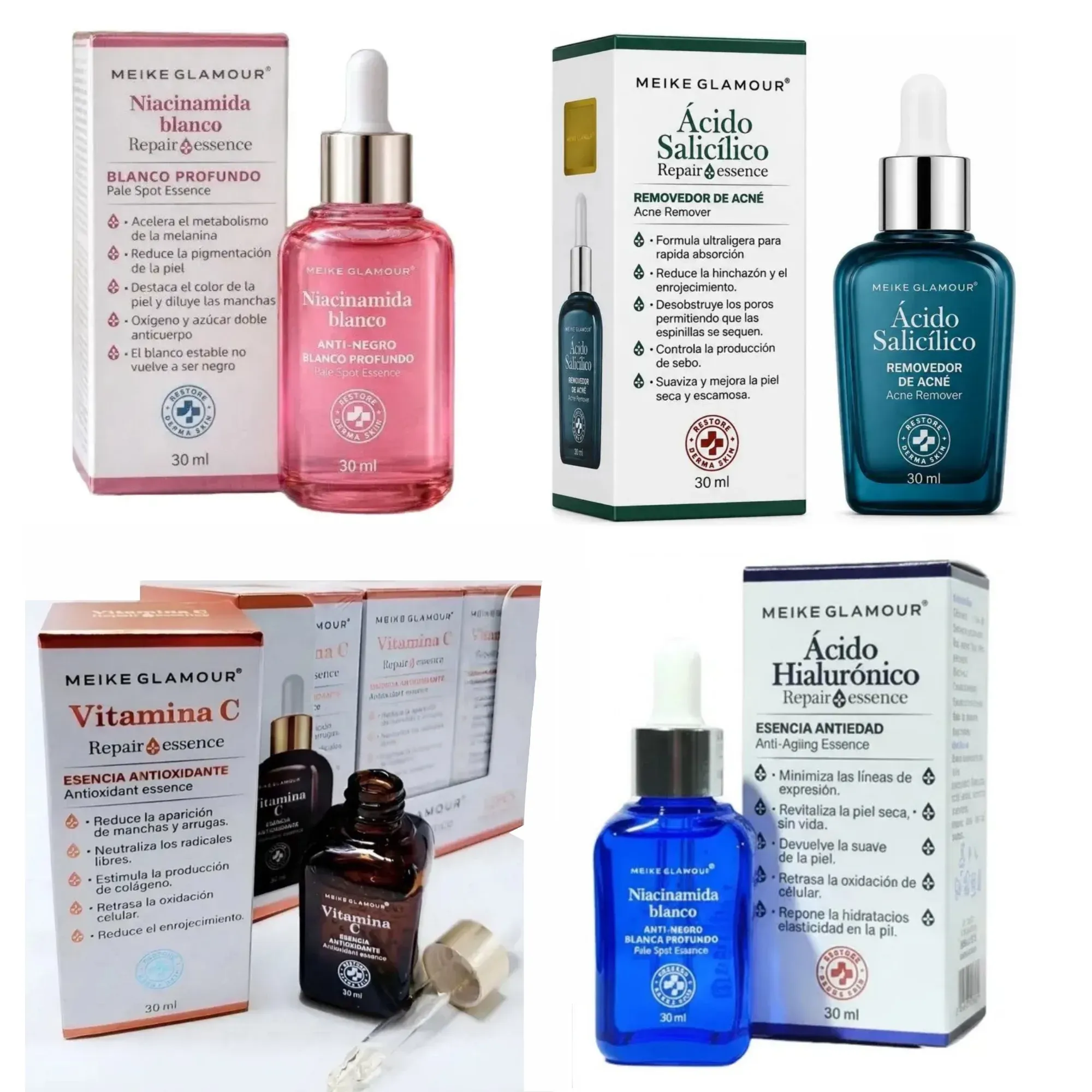Meike Glamour Sérums (Ácido Hialurónico/Vitamina C/Ácido Salicílico/Niacinamida Blanca) - 30ml.