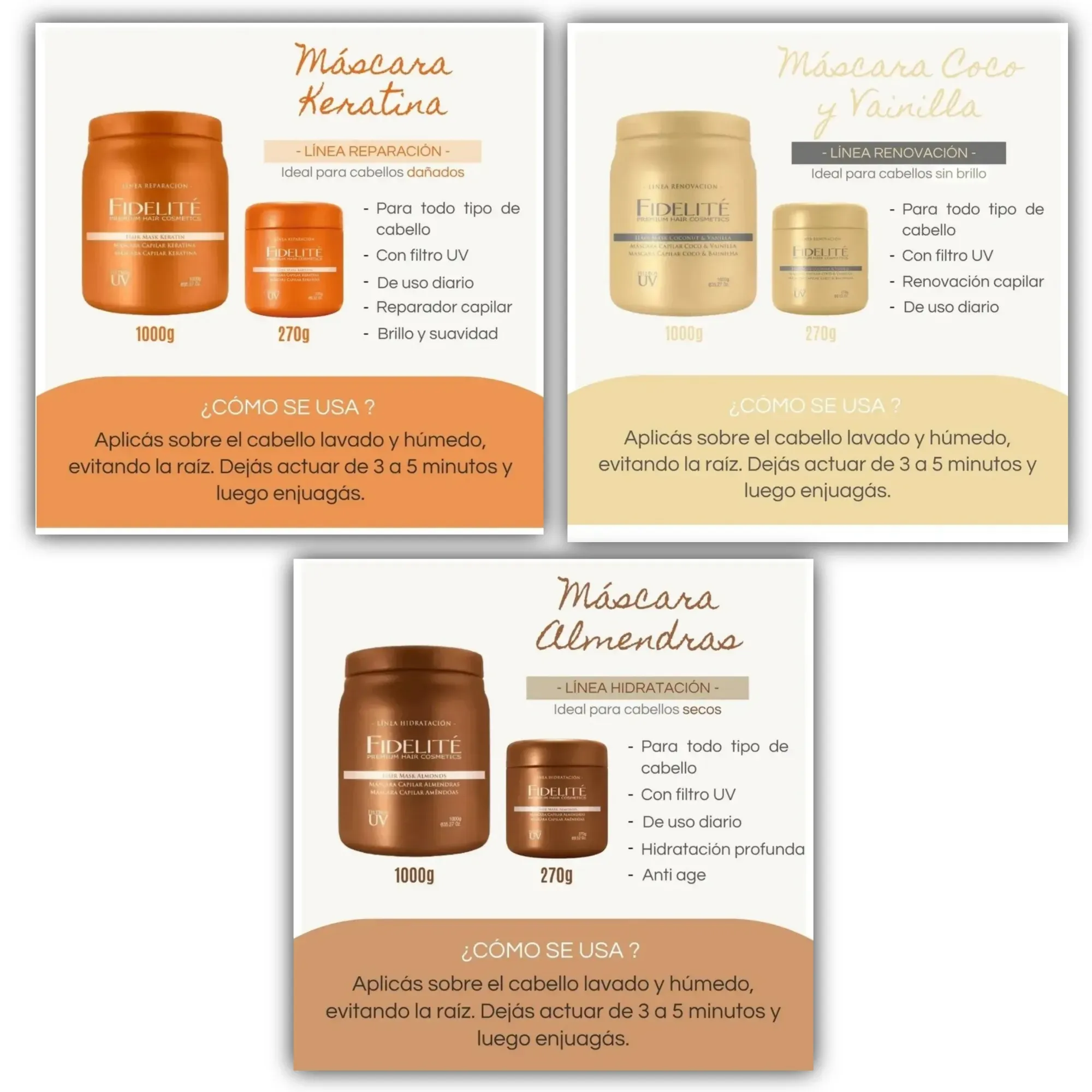 FIDÉLITÉ Máscaras (Keratina-Reparadora/Coco y Vainilla-Renovadora/Almendras-Hidratante) - 270 gr.  - Image 2