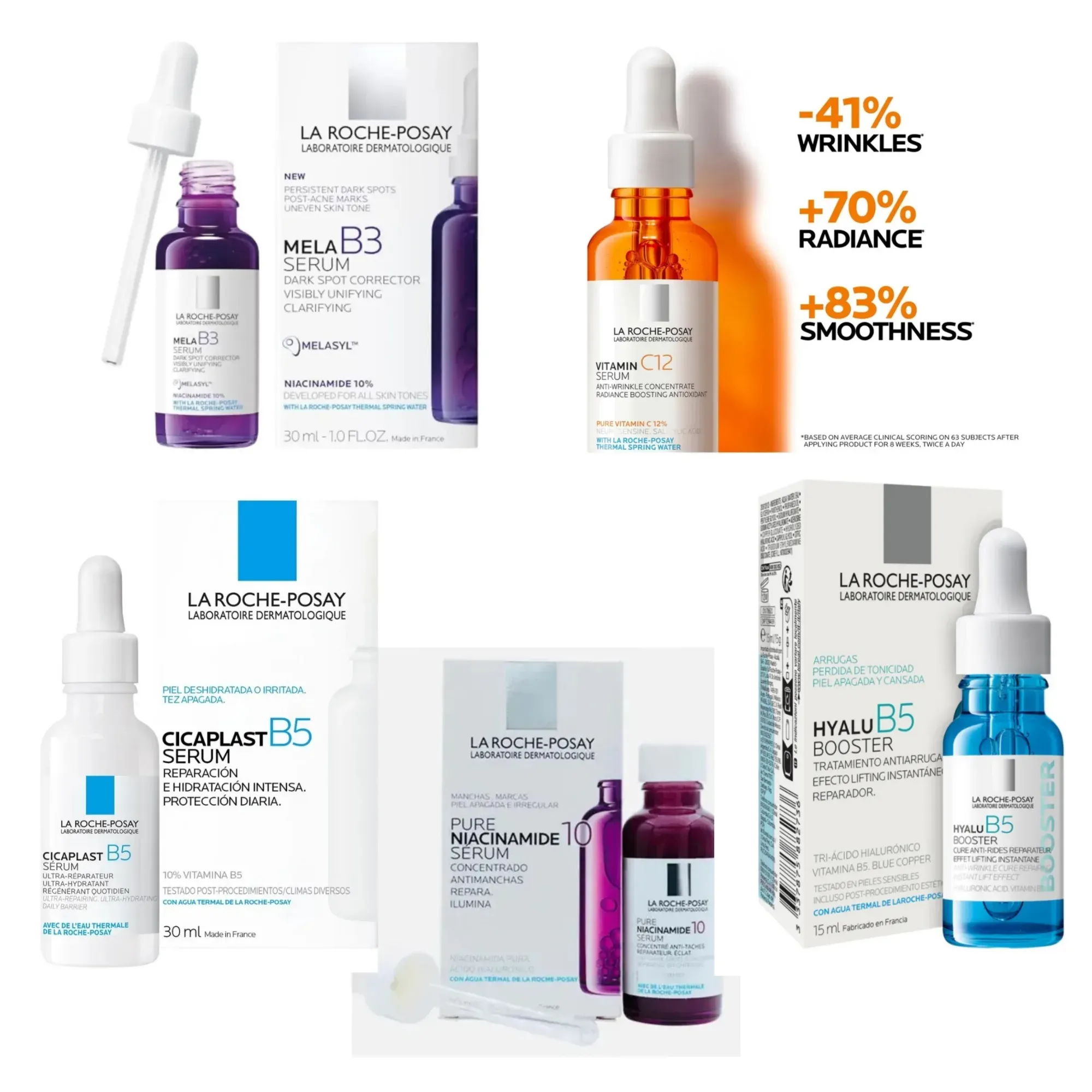 LA ROCHE POSAY SÉRUMS (Hyalu B5/Pure Vitamina C12/Mela B3/Pure Niacinamide 10/Cicaplast B5) - 30 mL